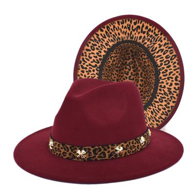 China European and American style men's and women's flat brimmed leopard hat British flat brimmed jazz print woolen fashion color matching double-sided hat new large for sale