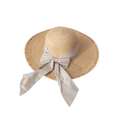 China COMMON straw hat Lafite straw hat, summer lady straw hat, bow tie fabric ribbon hat beach for sale