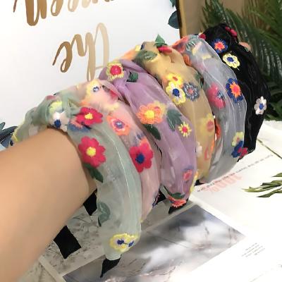 China Korea Sweet Organza Embroidery With Small Flower Headband Fashion Net Yarn Knot Hair Band For Women Girl Hair Accessories Wholesale for sale