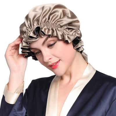 China Image 2020 Wholesale Bonnet Hair Double Layer 100% Silk Designer Hair Bonnet with Ribbons for sale