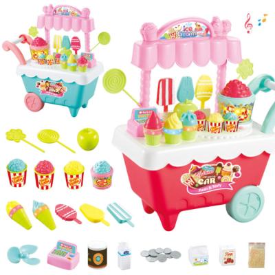 China Hot Selling Simulation Ice Cream Toys Kids Ice Cream Cone Popcorn Plastic Game Set Pretend Ice Cream Cart Toy with Light Music for sale