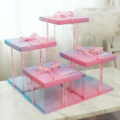 China IMEE Gradient Transparent Plastic Fancy Biodegradable Color 4 6 8 10 12 Inch Big Square Cake Box Birthday Cake Packing Case for sale