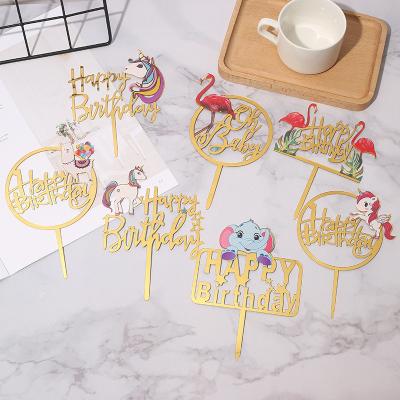 China Acrylic Topper Acrylic For Decoration Cake Fashionable Fantastic Animal Wedding Cake Toppers Unicorn Flamingo Print Happy Birthday for sale