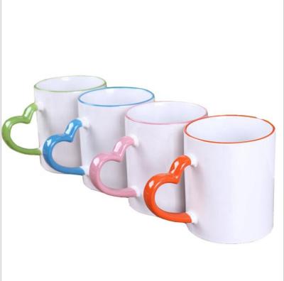 China Best Selling Viable 11oz Sublimation Mug , Empty Sublimation Mug With Colorful Heart Handle for sale