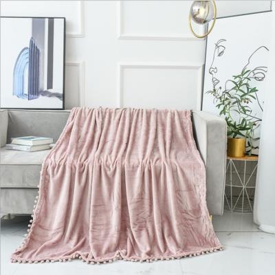 China Bonfull Anti-Static Multi Colors In Double Running Flannel Blankets With Tassel Ball Edge Sofa Dorm Blanket Blanket for sale