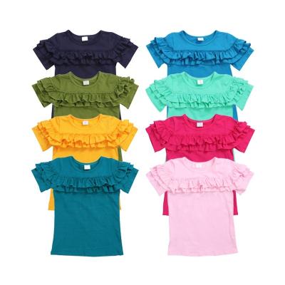 China Simple Design Anti-Shrink Girls Tops Short T-shirt Ruffle Sleeve Kids Clothing Wholesale for sale