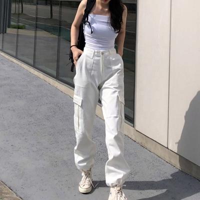 China White Multi Pocket Anti-Wrinkle Cargo Long Womens Work Trousers And Slacks for sale