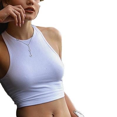 China QUICK DRY white ribbed knit short stretch thin casual tops halter camisole tank crop tops vest sleeveless T-shirt fitness women for sale