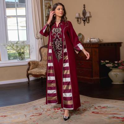 China Tribal Nation Breath Sleeve Pleated Abaya Dress With Beading Abaya Dubai Islamic Luxury Women Satin Muslim Clothing Party Empire Dress for sale