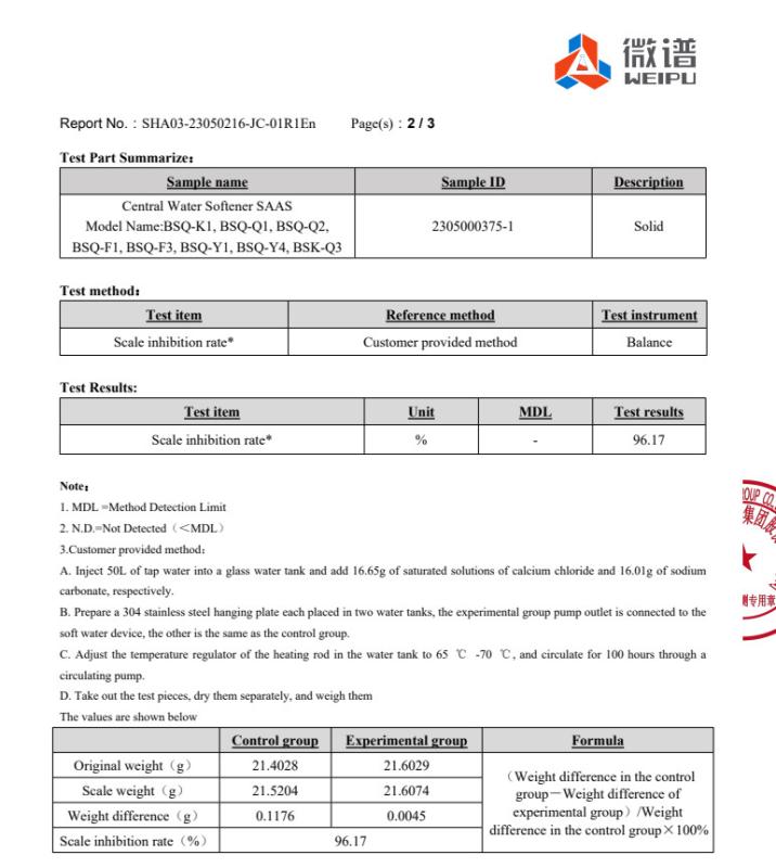 Scale Inhibition Rate Test Report - HANGZHOU BEISHUN BRISKSPRING ENVIRONMENTAL TECHNOLOGY CO., LTD.