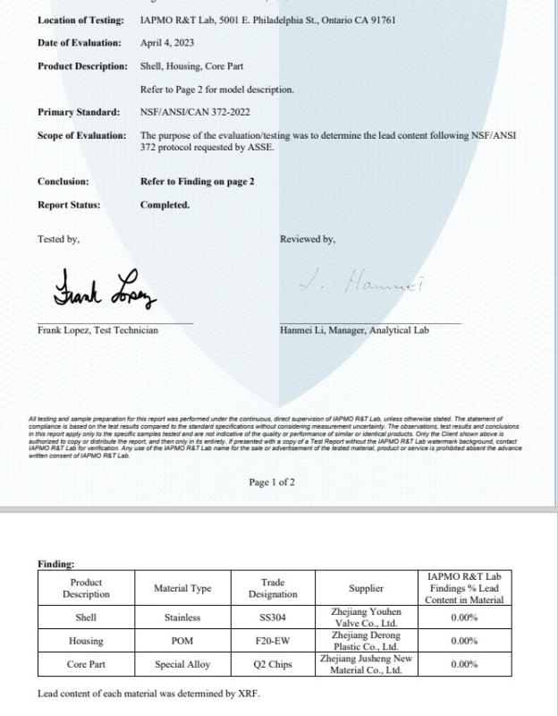 NSF/ANSI/CAN/372-2022 - HANGZHOU BEISHUN BRISKSPRING ENVIRONMENTAL TECHNOLOGY CO., LTD.