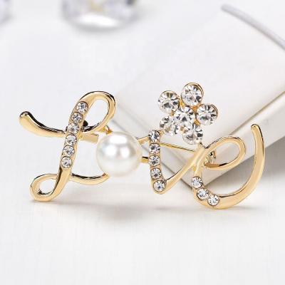 China For Clothes New Gold Love Letter Pearl Crystal Brooch Pin Unique Cheap Cute Luxury Jewelry for sale