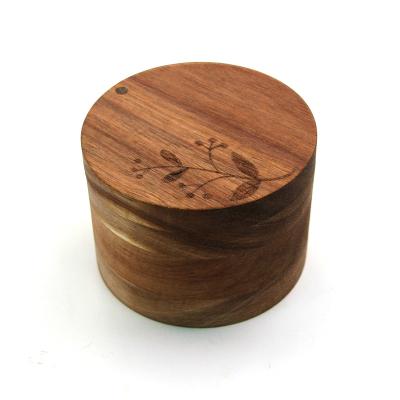 China Sustainable Hot Selling Custom Made Logo Acacia Wood Salt Jar With Pattern And Lid Bottle Salt Coiler for sale