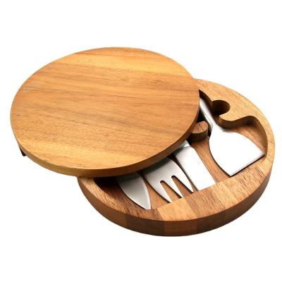 China 2022 viable high quality hot seller customize round wooden cheese knife board set with knife and fork for sale