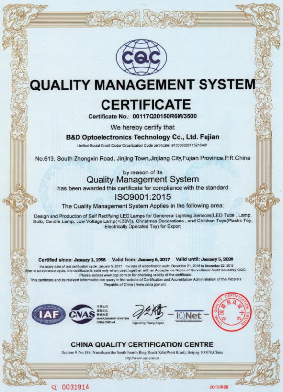 ISO9001 - B&D Optoelectronics Technology Co., Ltd. Fujian