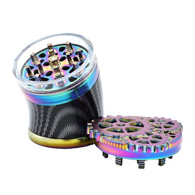 China Good Quality Zinc Alloy 60mm Grinding Grinder 4 Layers Transparent Twisted Neck Speed ​​Rainbow Window Hole Top Tobacco Herb Grinder for sale