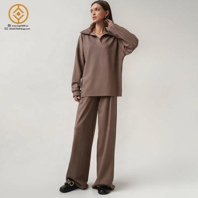 China Hot Anti-Wrinkle Female Clothes Top Wide Leg Gym Outfits Loose V-Neck Office Pants Brown Fall 2 Pieces Set Women for sale