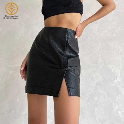 China New Anti-Static Get Streetwear High Waist Slit Khaki Falda Black PU Leather Mini Skirts Sexy Womens Skirts Black for sale