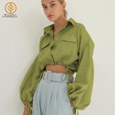 China Blusas De “Mujer” Long Sleeve Turn-Down Collar New Autumn Green Sustainable Drawstring Cotton Long Sleeve Top Ladies Canvas Blouses for sale