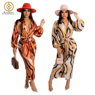 China New factory casual wear breathable for ladies printing bandage drop women shirt long maxi dresses quality for sale