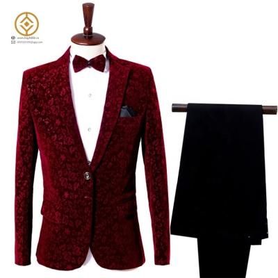 China Anti-wrinkle Beta Male wedding dress red dark flower stage host costume singer adult photo taking velvet suit for sale