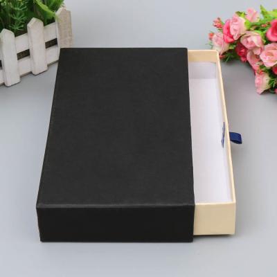 China Recycled Materials Drawer Box Packaging Ribbon Tie Slide Custom Black Paper Drawer Box With Ribbon for sale