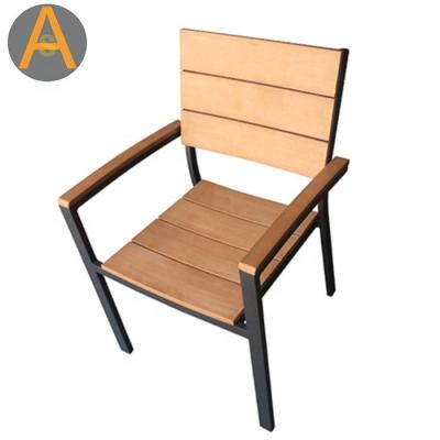 China Outdoor Imitated Aluminum Chair WPC Slats Wood Slats All Weather Outdoor Furniture Aluminum Dining Chair for sale