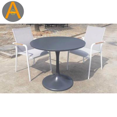 China Modern Outdoor All Weather Outdoor Patio Furniture Aluminum Bistro Table Set Round Flange Mesh Armchair Table Sets for sale