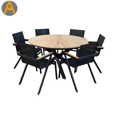 China Outdoor Weather Garden Dining Set Outdoor Weather Garden Dining Set Round Shape Furniture Set Teak Wood Outdoor Seating Sets Aluminum Conversation Dining Patio Set for sale