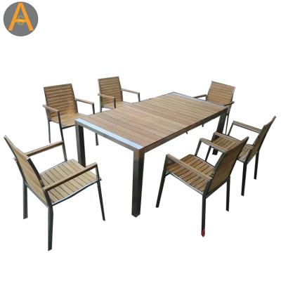 China Outdoor Dining Set 12 Weather Teak Stainless Steel Patio Weather Cottage High Quality Wooden Running Furniture Outdoor Dining Set for sale