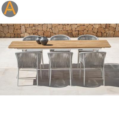 China Outdoor Weather Furniture Teak Wood Rope Woven Outdoor Dining Table Set Aluminum Outdoor Garden Patio Dining Set for sale