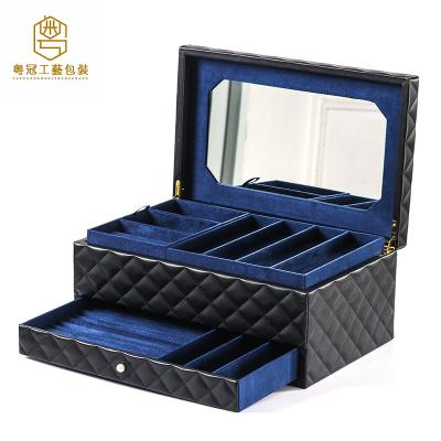 China Black European Princess PU Leather+MDF+mirror Double Layer Of Ring Jewelry Packaging Case Earring Storage Box With Mirror for sale