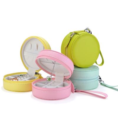 China Wholesale PU Leather+plastic+velvet Round Zipper Bag Portable Multifunctional Ring Earring Packing Case Jewelry Box for sale