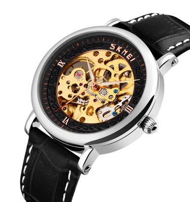 China Hot Skmei 9229 Band Day/Date Wrist Watch Manufacturers Skeleton Automatic Mechanical Leather Belt Watch for sale