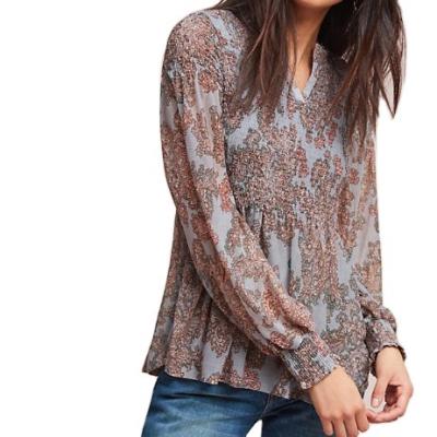 China Timtex QUICK DRY Ladies Printed Fabric Stretch Smocks Long Sleeve T Shirt Women Stylish Top for sale