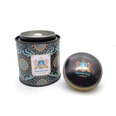 China Wholesale Recyclable Black Round Empty Metal Tea Tin Can Airtight Small Round Tea Packet Tin Container for sale