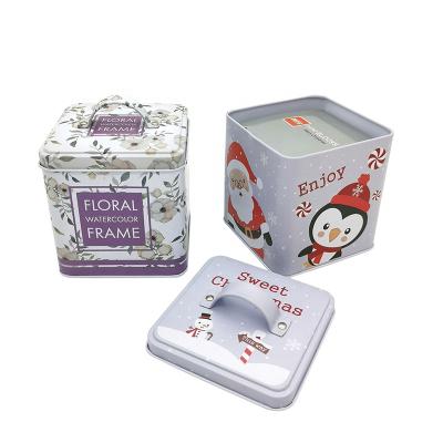 China Recyclable Christmas Square Cookie Tin Metal Box Christmas Gift Tin Box With Handle For Kids for sale