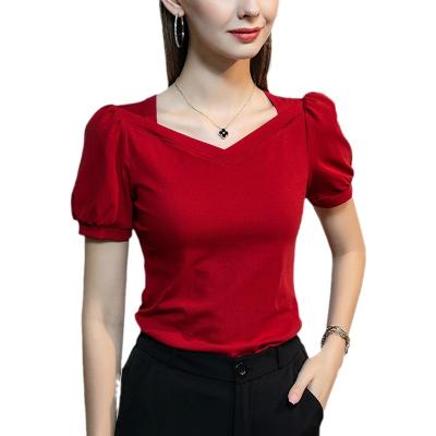 China 2022 summer fashion women's casual pure color soft top thin lady's short sleeve T-shirt anti-wrinkle puff sleeve for sale