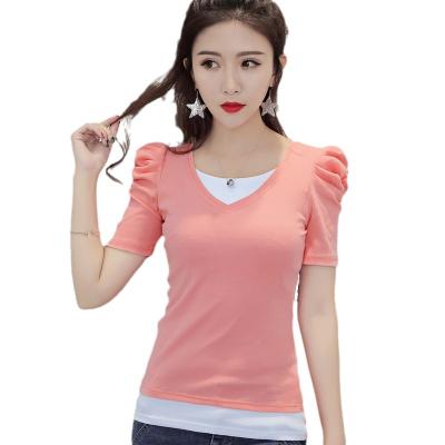 China 2022 Summer Anti-wrinkle Wholesale Short Sleeve Women O-neck Slim T-shirt Cotton Soft Top With Puff Sleeves for sale