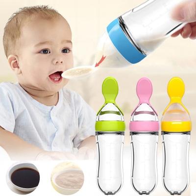 China Silicone Free Infant Soft Food Paste Rice Feeder PVC Baby Bottle Squeeze Dispensing Spoon for sale