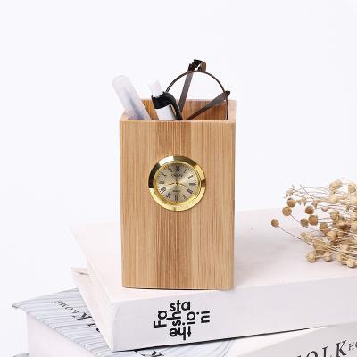 China Wooden Desk Pen Holder With Clock Wooden Art Deco Desk Table Alarm Clock Decoration Ornament Gift Hot Amazon Selling for sale