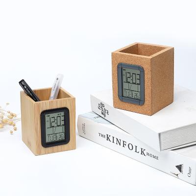 China Modern Bamboo Multifunction Led Clock Cork Date Temperature And Humidity Alarm Clock Digital Display Pen Creative Alarm Clock for sale