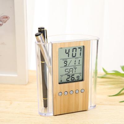 China Wholesale Bamboo and Wooden Office Supplies Pen Holder Clock Multifunctional Transparent Modern Popular Digital Display Clock for sale