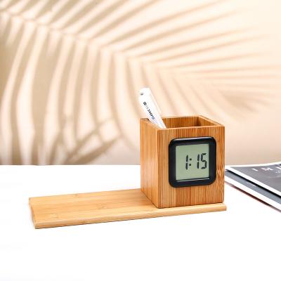 China Wooden Digital Display Pen Holder Clock Creative Desktop Modern Bamboo Wooden Factory Direct Selling for sale