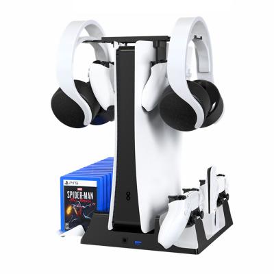 China Multifunctional Vertical PS5 Fan Stand with Dual Controllers Charger, Headphone Holder Game Storage Bracket Dock Charging Station for sale