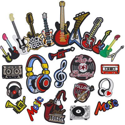 China Viable Guitar Earphone Bass Note Music CD Saxophone Musical Instrument Iron On Rock Band Embroidery Patches for sale