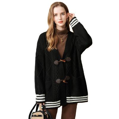 China Wholesale Anti-wrinkle 2021 autumn or winter horn buckle contract color casual long sleeve cardigan for women for sale