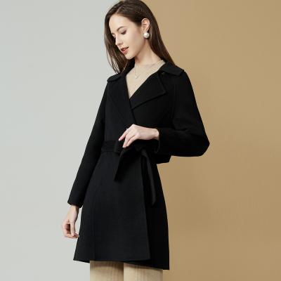 China Longstyle Trim Latest Popular Winter Waterproof Women 100% Long Fitted Wool Coats Plain Color Belts Woolen Coats for sale