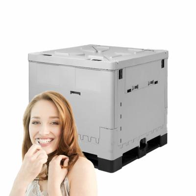 China food & Factory 1000L Beverage Folding Solid Plastic Foldable Box Big Turnover Lockable Cover To Fit Toothpaste Gray Color 1155*1155*1132 JZ01 for sale