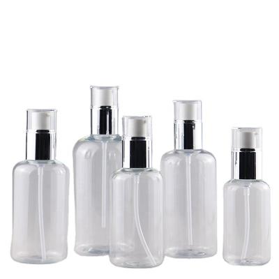 China 250ml 300ml 500ml cosmetic wholesale transparent empty lotion bottle with pump with silver anodized aluminum cover for sale